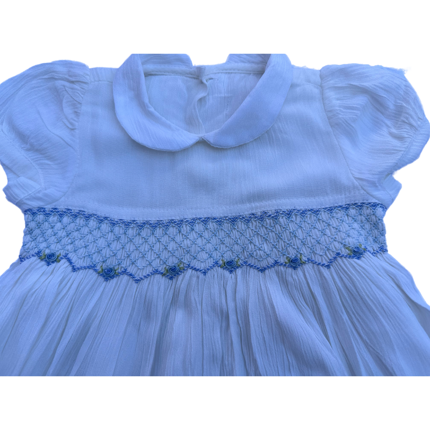 Timeless Whites - White Hand Smocked Dress With Blue Details